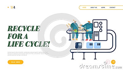 Garbage Manufacturing, Eco Protection Website Landing Page. Wastes Recycling Workers in Robe Select and Sort Vector Illustration