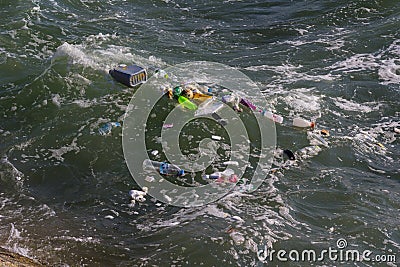 Garbage many pieces floating with ocean Stock Photo