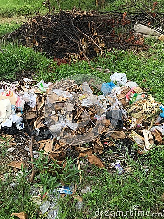 Garbage pile in garden. Rubbish heap in garden among vegetation. Throw trash anywhere Editorial Stock Photo