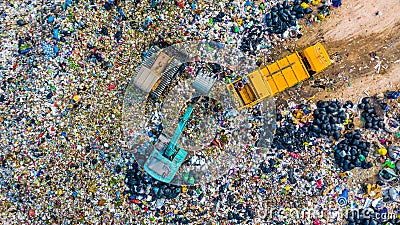 Garbage pile in trash dump or landfill, Aerial view garbage trucks unload garbage to a landfill, global warming Stock Photo