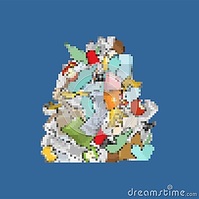 Garbage pixel art. 8bit Pile Rubbish. Stack trash. litter background. peel from banana and stub. Tin and old newspaper. Bone and Vector Illustration