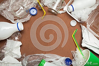 Garbage, recycle on brown background, top view, copy space Stock Photo