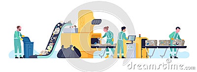 Garbage recycling conveyor. Workers of waste processing plant. Sorting and compress trash machine. Rubbish assembly line Vector Illustration