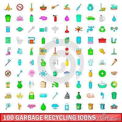 100 garbage recycling icons set, cartoon style Vector Illustration