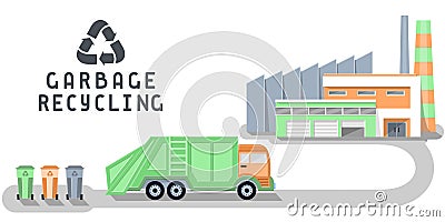 Garbage recycling illustration with plant, trash truck and dumpsters Vector Illustration
