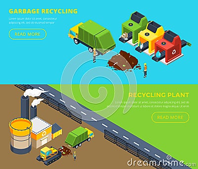 Garbage Recycling Isometric Banners Vector Illustration