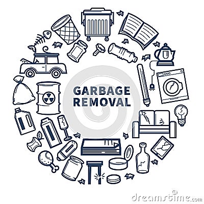 Garbage removal promo monochrome emblem with rubbish in circle Vector Illustration