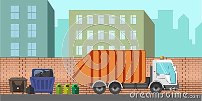 Garbage removal service dustcart vector flat city Vector Illustration