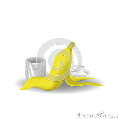 Garbage set isolated on white background. Rubbish collection. trash sign. litter symbol. peel from banana, metal can, crumpled Stock Photo