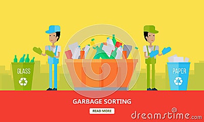 Garbage Sorting Banner. Men Sort Glass and Paper. Vector Illustration