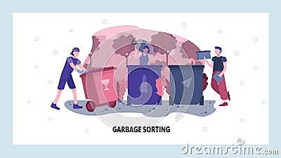 Garbage sorting concept. People sort and separate waste for recycle. Vector web site design template. Landing page Vector Illustration