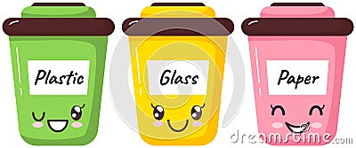 Garbage sorting containers in cute kawaii style. Different recycle bins with positive emotions Vector Illustration