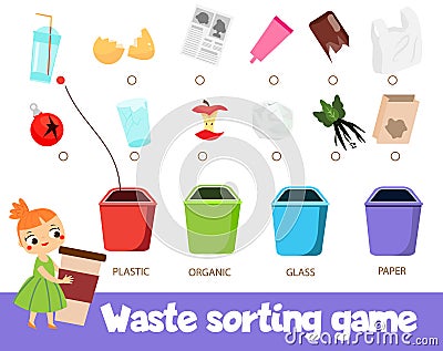 Garbage sorting educational children game. Match trash with bin Sorter activity for kids Vector Illustration