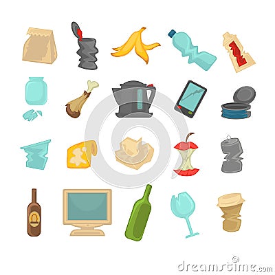 Garbage sorting food waste, glass, metal and paper Vector Illustration