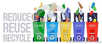 Garbage sorting and recycle background with color trash bins. Reduce reuse recycle slogan. Vector Illustration