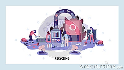 Garbage sorting and recycling factory. Trash recycle ecology concept. People collect waste ans send to recycle plant Vector Illustration