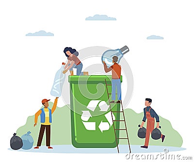 Garbage sorting. Small people throw litter in containers, women and man separate trash in can, pollution protect and Vector Illustration