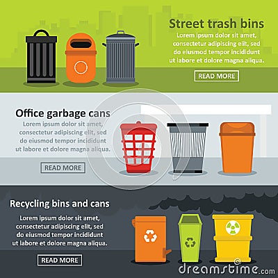 Garbage storage banner horizontal set, flat style Vector Illustration