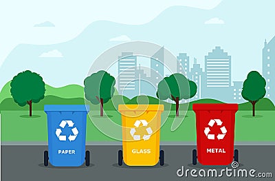 Garbage storage containers in a modern city park. For recycling on city streets, paper, glass, plastic and organic trash cans. The Vector Illustration