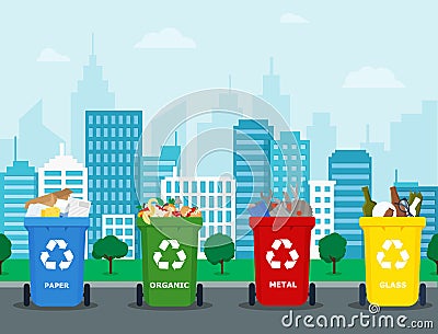 Garbage storage containers in a modern city park. For recycling on city streets, paper, glass, plastic and organic trash cans. The Vector Illustration