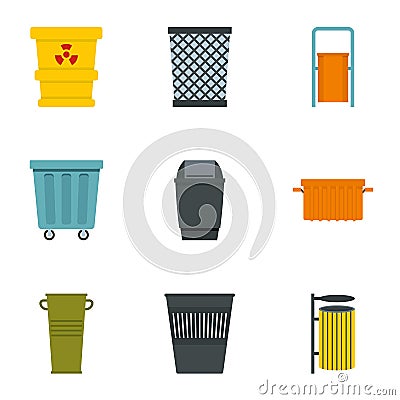 Garbage storage icon set, flat style Vector Illustration