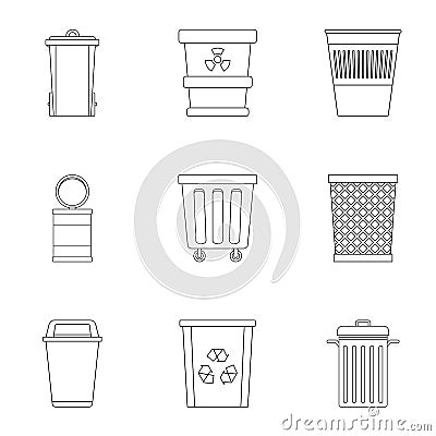 Garbage storage icon set, outline style Vector Illustration