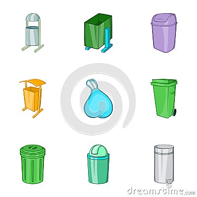 Garbage storage icons set, cartoon style Vector Illustration