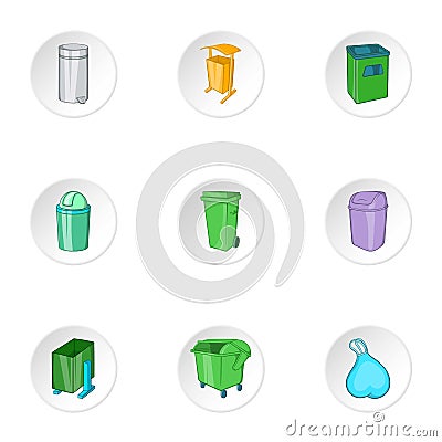 Garbage storage icons set, cartoon style Vector Illustration