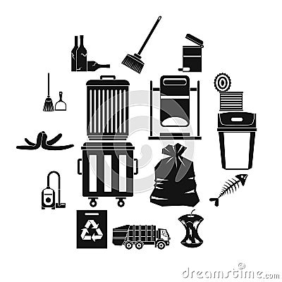 Garbage thing icons set, simple style Vector Illustration