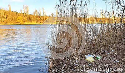 Garbage thrown near the lake ecological concept Stock Photo