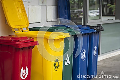 Garbage Trash Bins for collecting a recycle materials. Garbage trash bins for waste segregation. Separate waste Stock Photo