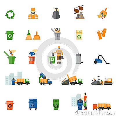 Garbage and trash flat icons set Vector Illustration