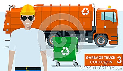 Garbage truck collection. Detailed illustration of garbage man, orange truck and dumpster on white background in flat Vector Illustration