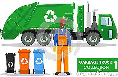 Garbage truck collection. Detailed illustration of garbageman, truck and different types of dumpsters on white Vector Illustration