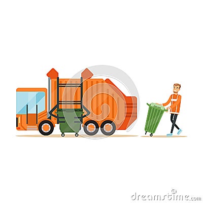 Garbage truck driver loading recycle bin into garbage collector truck Vector Illustration