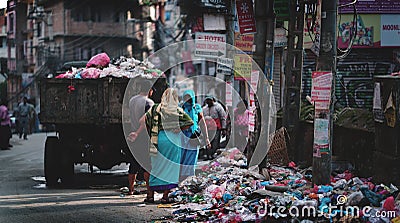 Garbage Truck Drops Trash and Rubbish on Thamel Street Editorial Stock Photo