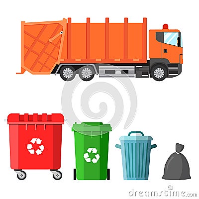 Garbage truck and four variants of dumpsters Vector Illustration