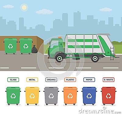 Garbage truck on the street in the town. Garbage cans isolated on white background. Vector Illustration