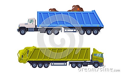 Garbage Truck for Transporting Solid Waste to Recycling Center Vector Set Vector Illustration