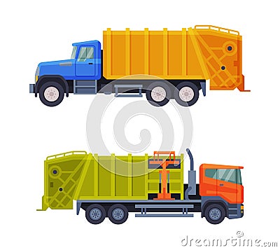 Garbage Truck for Transporting Solid Waste to Recycling Center Vector Set Vector Illustration