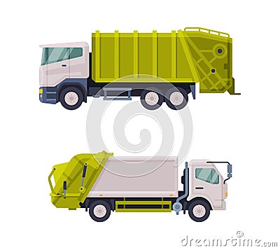 Garbage Truck for Transporting Solid Waste to Recycling Center Vector Set Vector Illustration