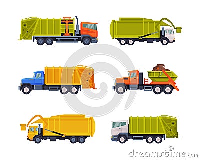 Garbage Truck for Transporting Solid Waste to Recycling Center Vector Set Vector Illustration