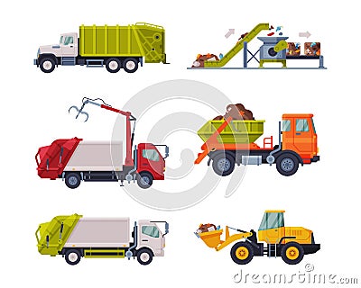 Garbage Truck for Transporting Solid Waste to Recycling Center Vector Set Vector Illustration