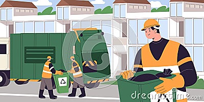 Garbage truck on urban street panoramic view. Workers collect rubbish bags from bin, container to car. Waste collector Vector Illustration