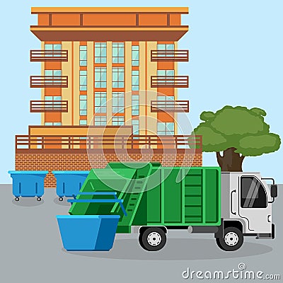 Garbage truck van car dustcart collections trash and dumpsters cans near city dwelling house vector illustration. Waste Vector Illustration