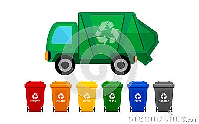 Garbage truck and various types of trash bin isolated on white background, recycle truck waste and bins multi colors, garbage Vector Illustration