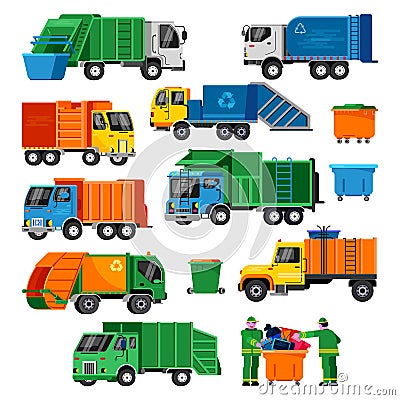 Garbage truck vector trash vehicle transportation illustration recycling waste set of clean service industry cleaning Vector Illustration