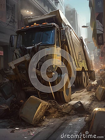 Garbage trucks their metal claws grabbing and crushing whatever they can.. AI generation Stock Photo