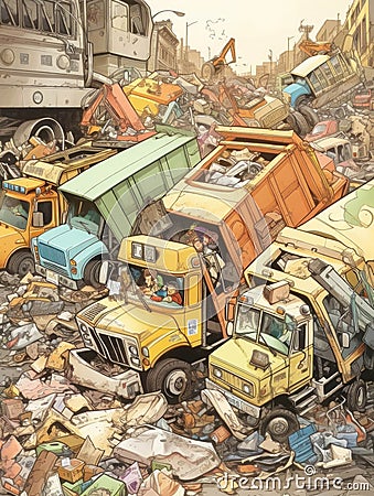 Garbage trucks their metal claws grabbing and crushing whatever they can.. AI generation Stock Photo