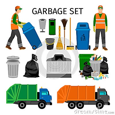 Garbage trucks, trash can and sweeper Vector Illustration